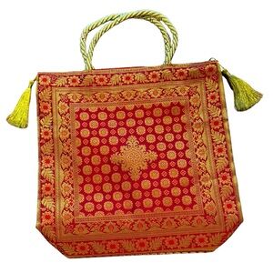 Women’s Red And Gold Handmade Handbag/Purse With Zipper Enclosure. Made In India